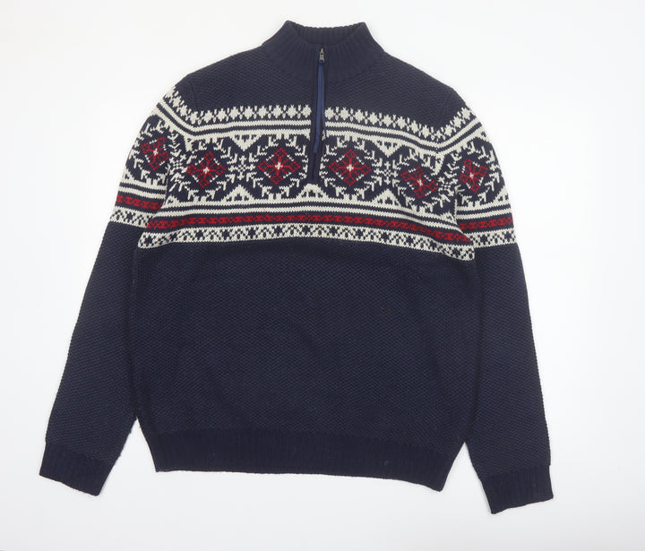 IZOD Men's Blue Fair Isle 1/4 Zip Cotton Knit Jumper Size M