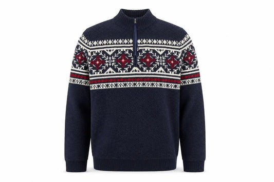 Front view of IZOD Men's Blue Fair Isle 1/4 Zip Cotton Knit Jumper, size M