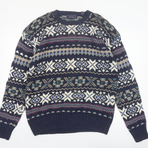 Finalist Men's Blue Fair Isle Crew Neck Wool Blend Jumper L