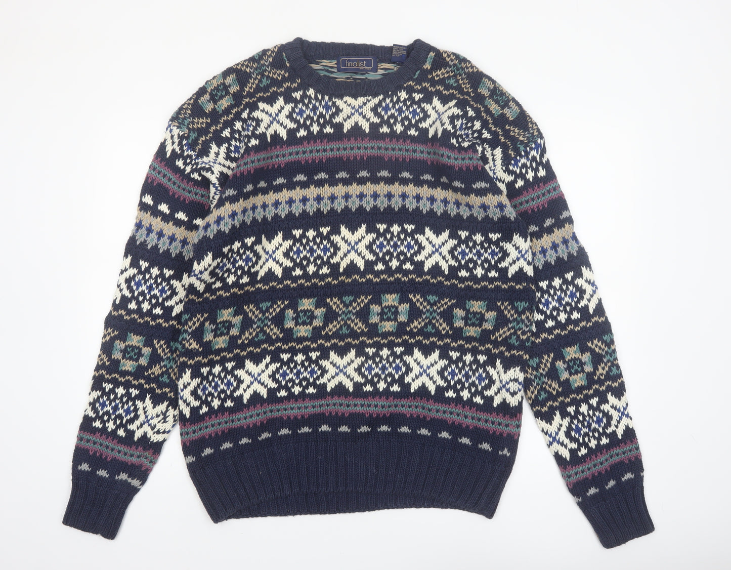 Finalist Men's Blue Fair Isle Crew Neck Wool Blend Jumper L