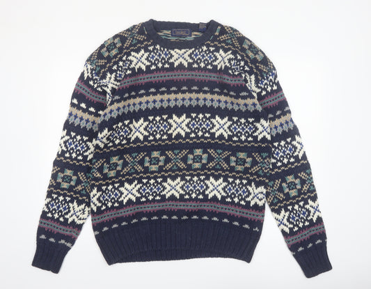 Finalist Men's Blue Fair Isle Crew Neck Wool Blend Jumper L