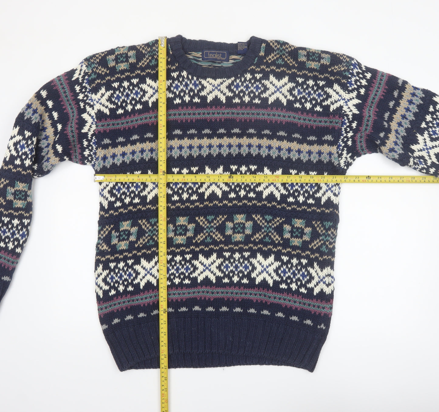 Finalist Men's Blue Fair Isle Crew Neck Wool Blend Jumper L