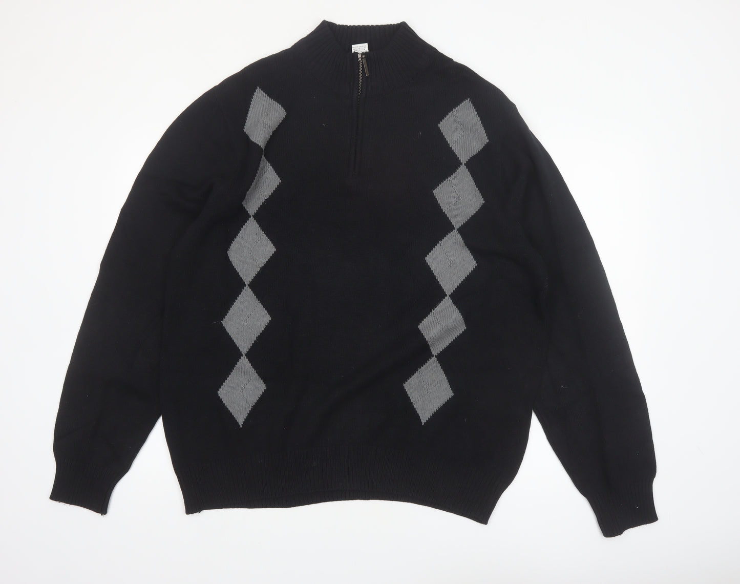 Geoffrey Beene Men's Black Argyle 1/2 Zip Cotton Jumper XL