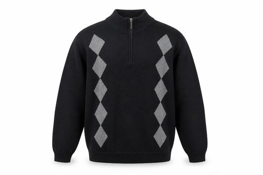 Front view of Geoffrey Beene Men's Black Argyle 1/2 Zip Cotton Jumper XL