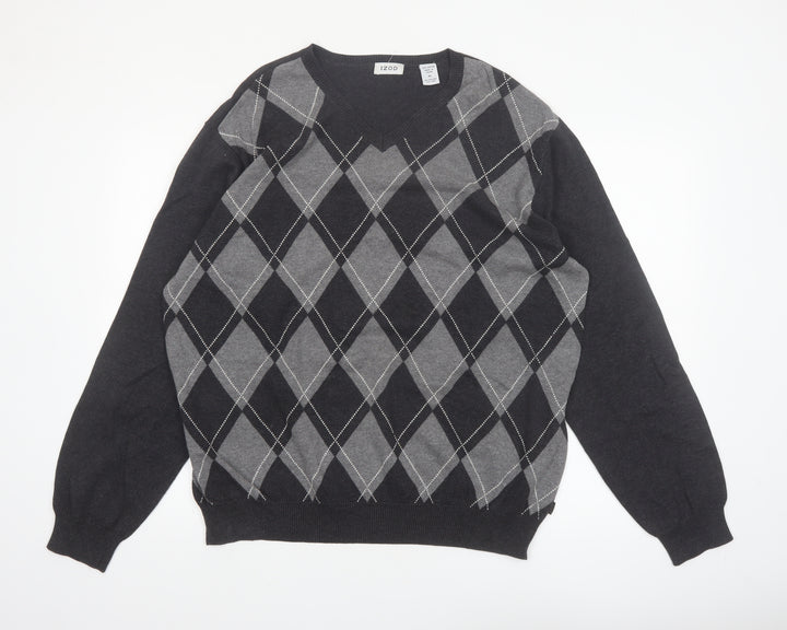 IZOD Men's Grey Argyle V-Neck Cotton Jumper XL