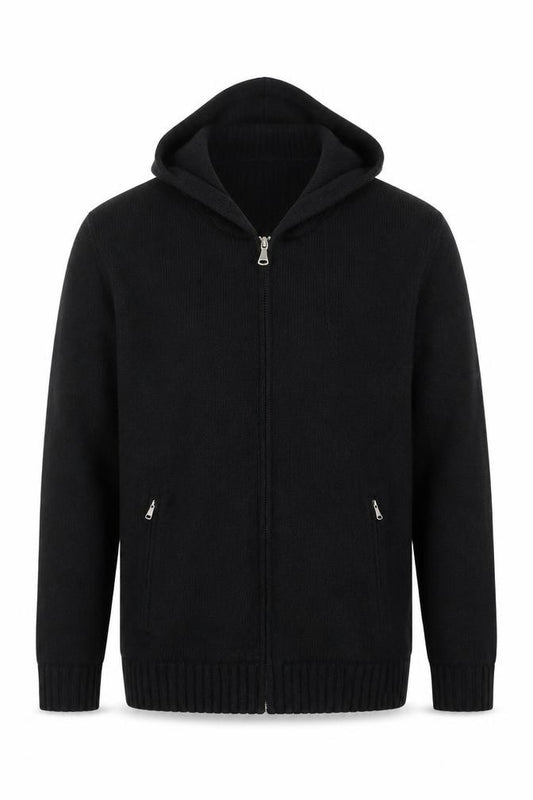 Front view of Royal Falcon Men's Black Wool Blend Hooded Full Zip Jumper L