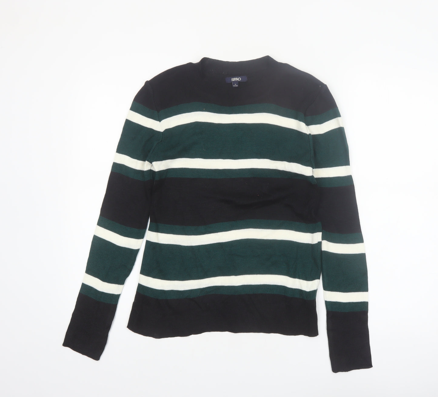 SPAO Women Green Striped Knit Crew Neck Pullover Jumper Size 10