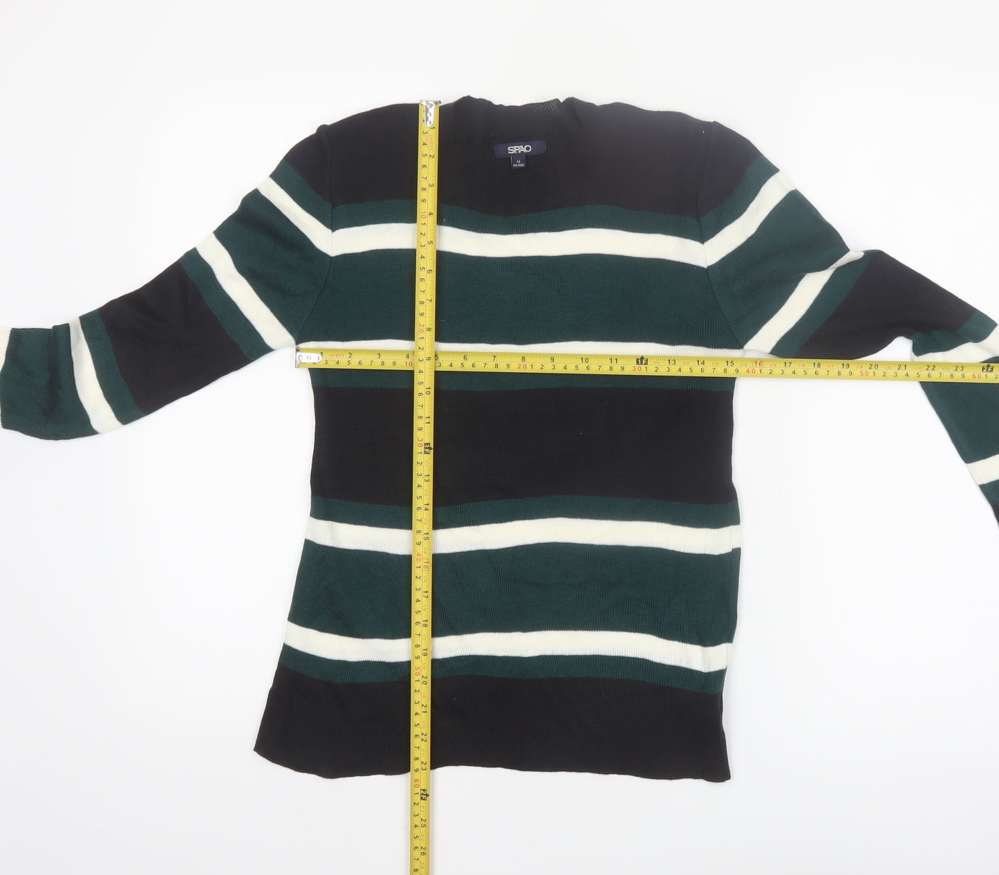 SPAO Women Green Striped Knit Crew Neck Pullover Jumper Size 10