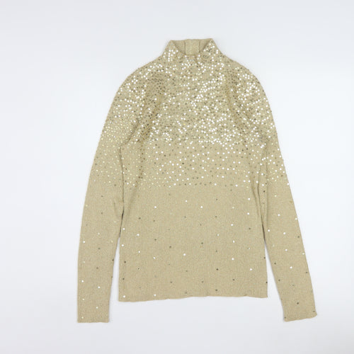 Once1Again Womens Beige Sequin Mock Neck Knit Jumper M
