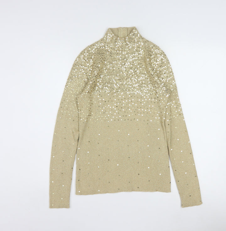 Once1Again Womens Beige Sequin Mock Neck Knit Jumper M