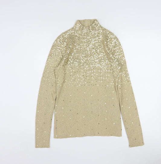 Once1Again Womens Beige Sequin Mock Neck Knit Jumper M