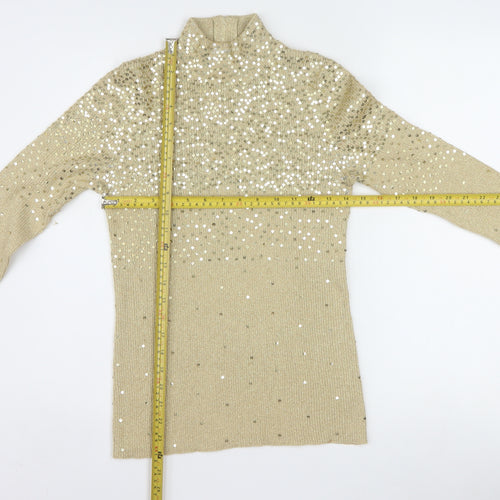 Once1Again Womens Beige Sequin Mock Neck Knit Jumper M