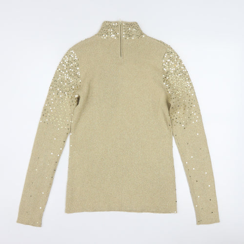 Once1Again Womens Beige Sequin Mock Neck Knit Jumper M