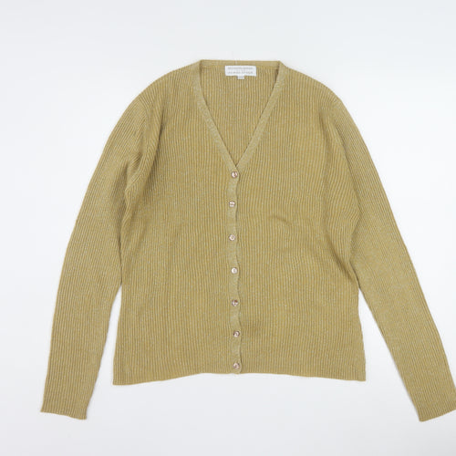 Beechers Brook Women Gold Knit V-Neck Cardigan M Acrylic Metallic