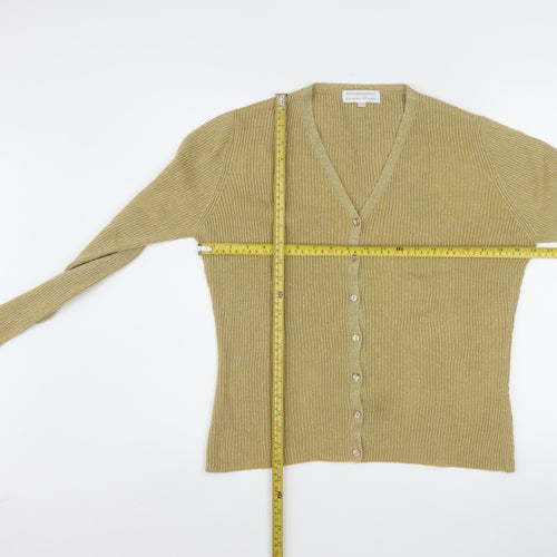 Beechers Brook Women Gold Knit V-Neck Cardigan M Acrylic Metallic