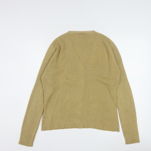 Beechers Brook Women Gold Knit V-Neck Cardigan M Acrylic Metallic