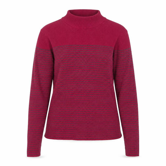 Front view of Petite Sophisticate Women Red Striped Mock Neck Knit Jumper S Petite