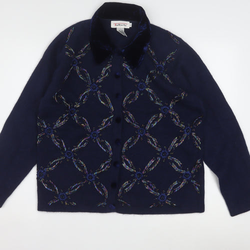 Talbots Womens Blue Wool Angora Embroidered Collared Cardigan L