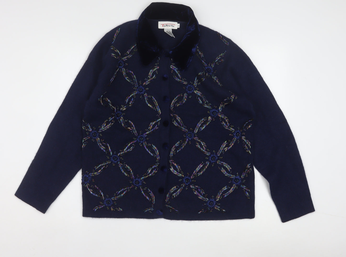 Talbots Womens Blue Wool Angora Embroidered Collared Cardigan L