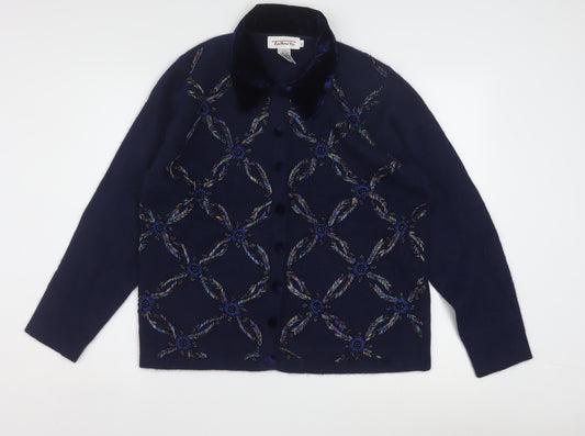 Talbots Womens Blue Wool Angora Embroidered Collared Cardigan L
