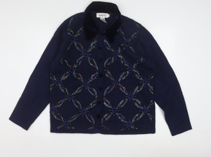 Talbots Womens Blue Wool Angora Embroidered Collared Cardigan L