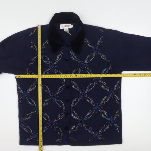 Talbots Womens Blue Wool Angora Embroidered Collared Cardigan L