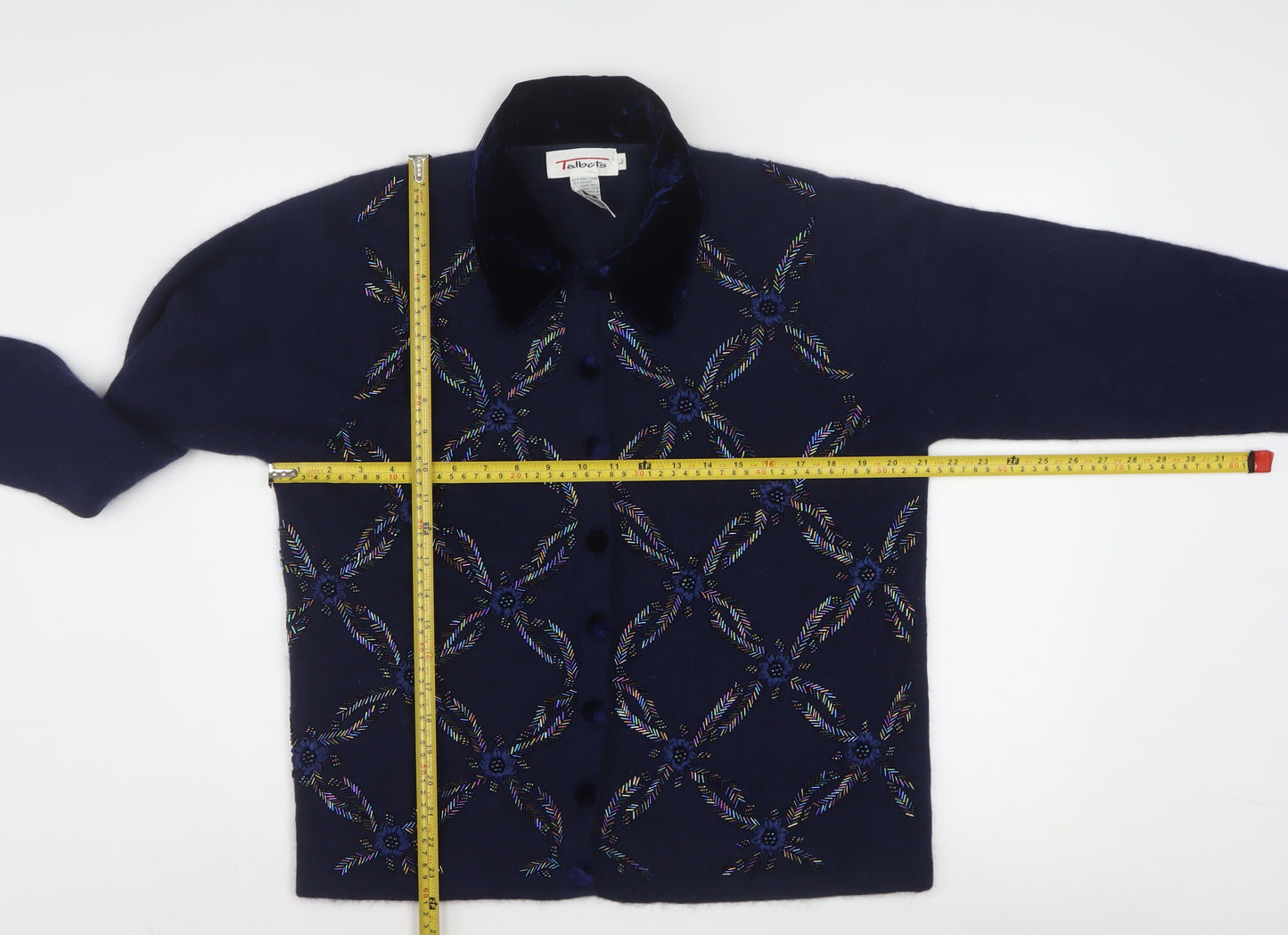 Talbots Womens Blue Wool Angora Embroidered Collared Cardigan L