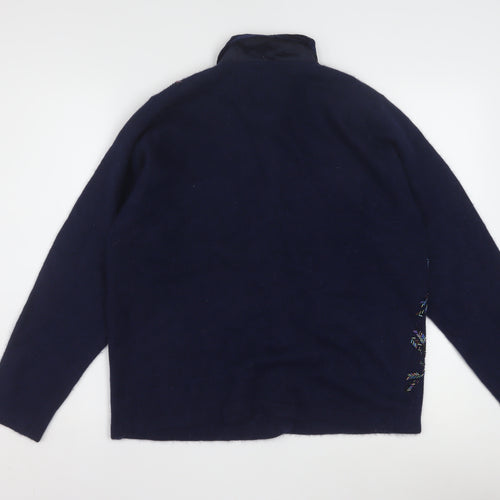 Talbots Womens Blue Wool Angora Embroidered Collared Cardigan L