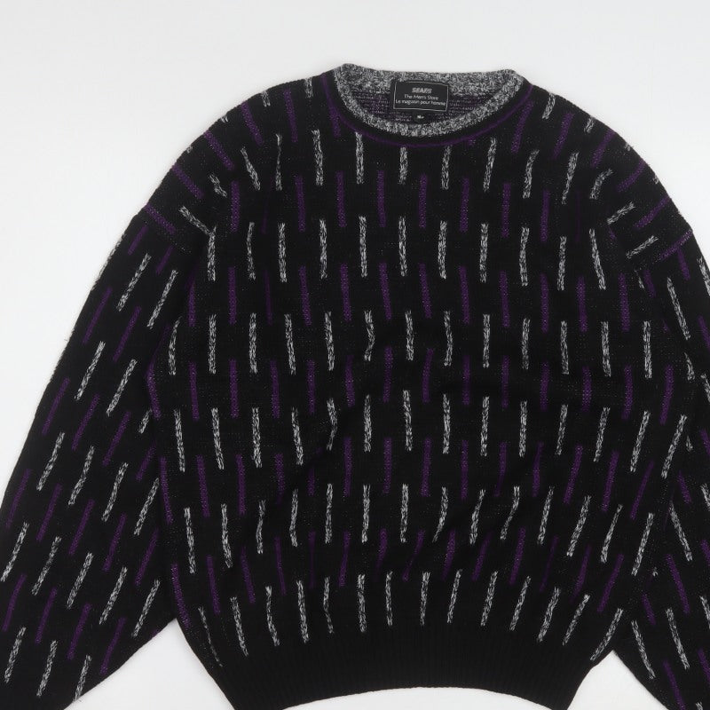 Sears Men’s Black Purple Geometric Knit Pullover Jumper M