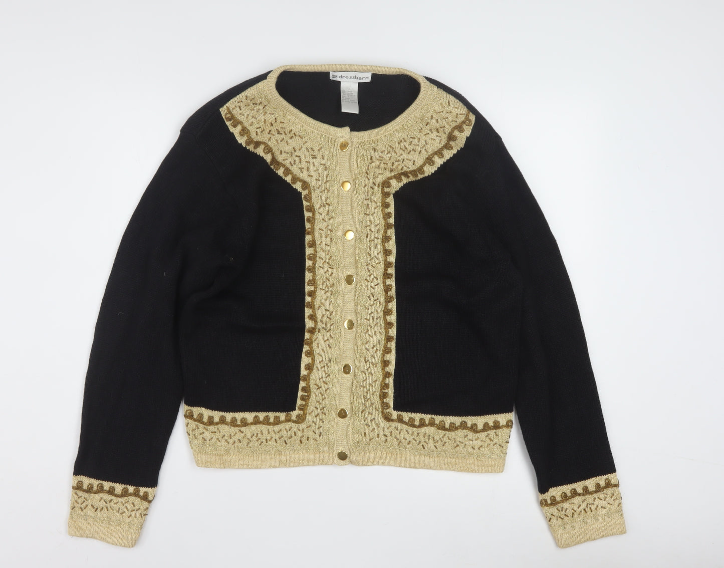 Dressbarn Womens Black L Cardigan Knit Long Sleeve Ramie Cotton