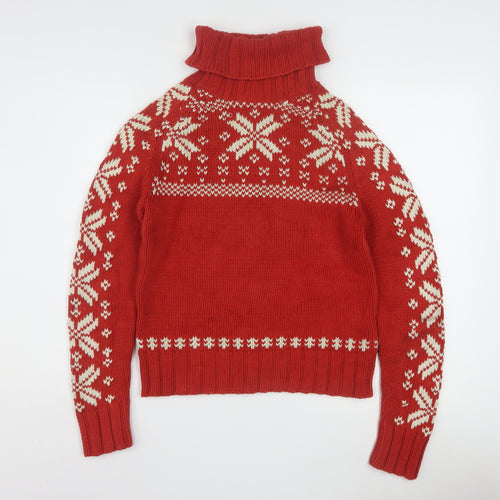 Ralph Lauren Women's Red Fair Isle Roll Neck Jumper Size M Cotton Winter