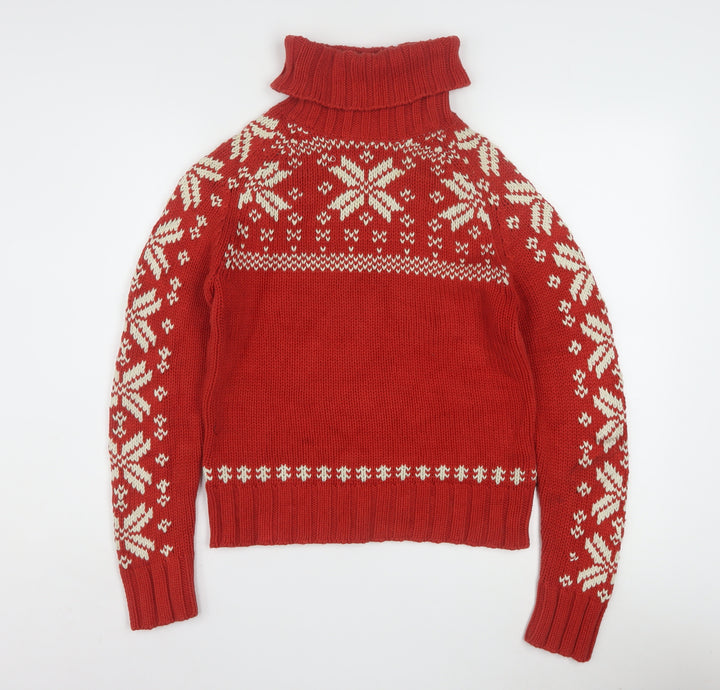Ralph Lauren Women's Red Fair Isle Roll Neck Jumper Size M Cotton Winter
