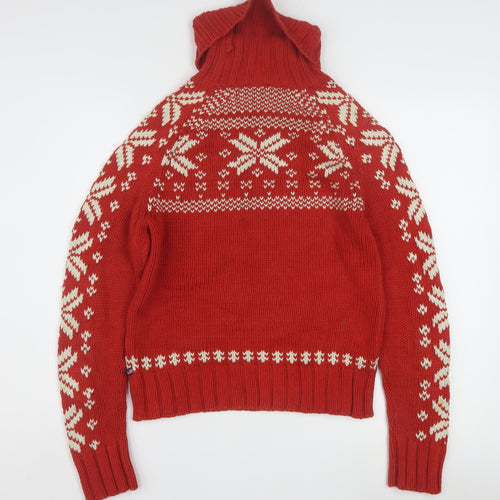 Ralph Lauren Women's Red Fair Isle Roll Neck Jumper Size M Cotton Winter