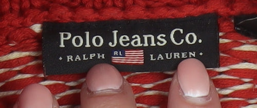 Ralph Lauren Women's Red Fair Isle Roll Neck Jumper Size M Cotton Winter