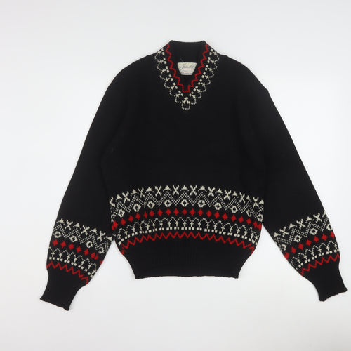 Jersild Women's Black Fair Isle Wool V-Neck Jumper Size M
