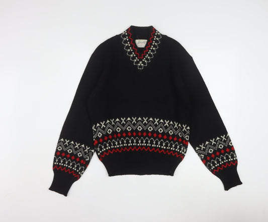 Jersild Women's Black Fair Isle Wool V-Neck Jumper Size M