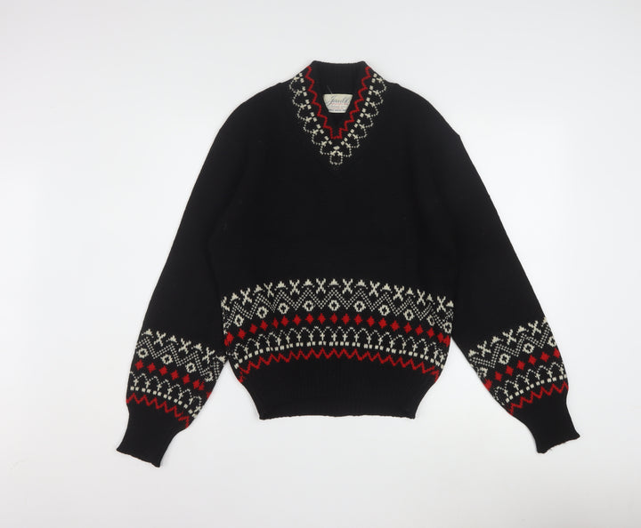 Jersild Women's Black Fair Isle Wool V-Neck Jumper Size M