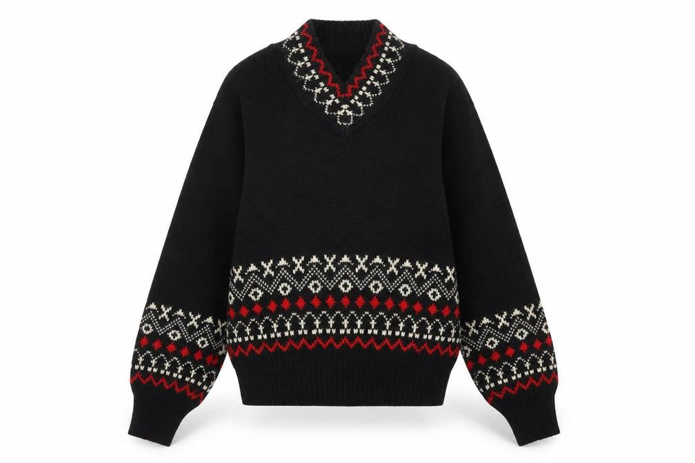 Front view of Jersild Women's Black Fair Isle Wool V-Neck Jumper, size M
