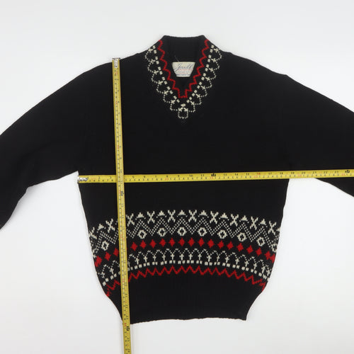 Jersild Women's Black Fair Isle Wool V-Neck Jumper Size M