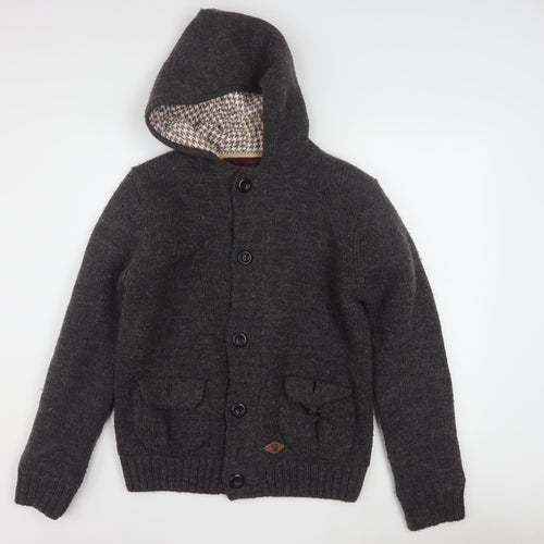 Superior Vintage Men's Grey Hooded Button Cardigan Jumper M