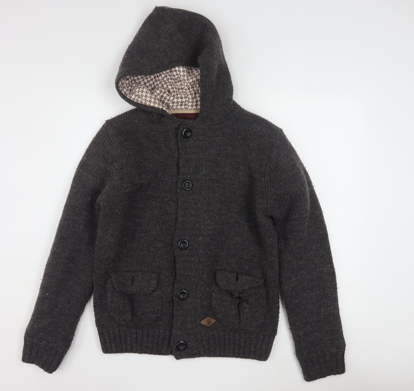 Superior Vintage Men's Grey Hooded Button Cardigan Jumper M