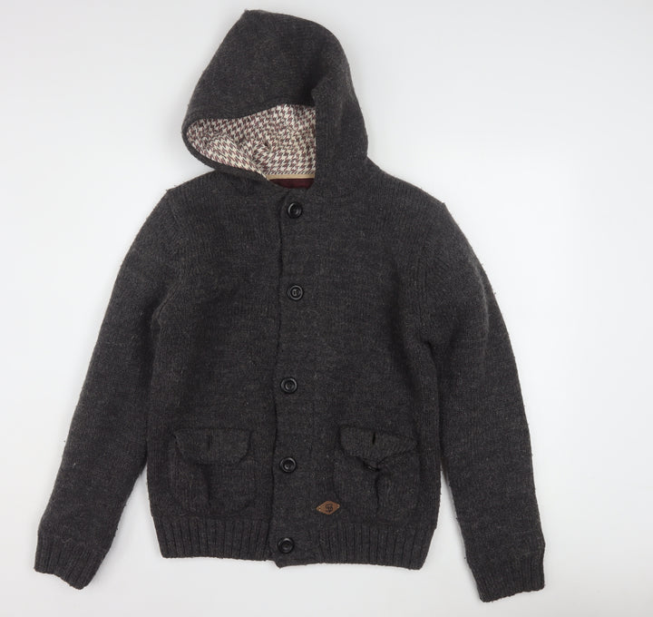 Superior Vintage Men's Grey Hooded Button Cardigan Jumper M