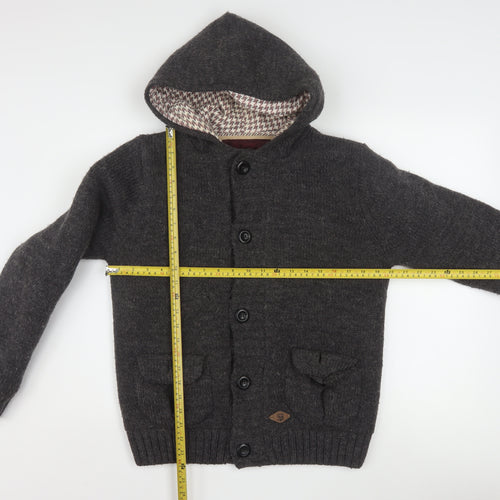 Superior Vintage Men's Grey Hooded Button Cardigan Jumper M