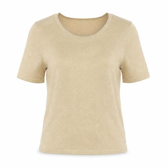 Front view of Liz Claiborne Women’s Beige Metallic Rayon Short Sleeve T-Shirt M