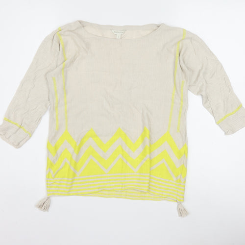 Monsoon Women Beige Yellow Tunic Top S Linen Cotton 3/4 Sleeve Boho Style