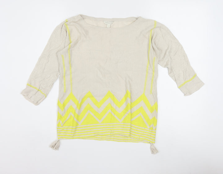 Monsoon Women Beige Yellow Tunic Top S Linen Cotton 3/4 Sleeve Boho Style