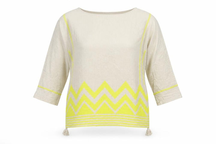 Monsoon Women Beige Yellow Tunic Top S Linen Cotton 3/4 Sleeve Boho Style