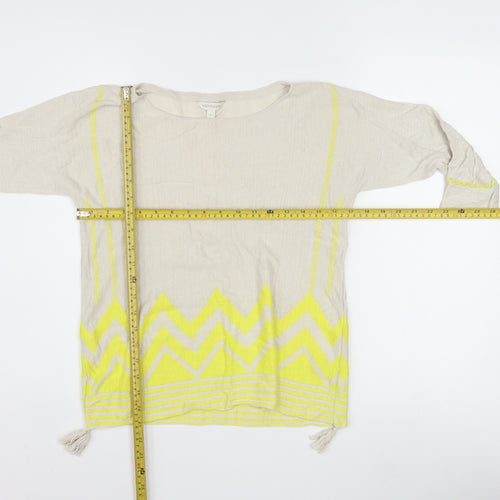 Monsoon Women Beige Yellow Tunic Top S Linen Cotton 3/4 Sleeve Boho Style