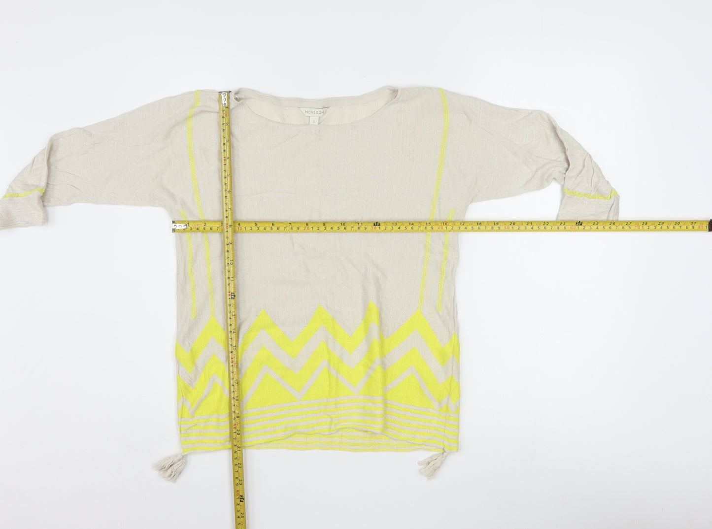 Monsoon Women Beige Yellow Tunic Top S Linen Cotton 3/4 Sleeve Boho Style