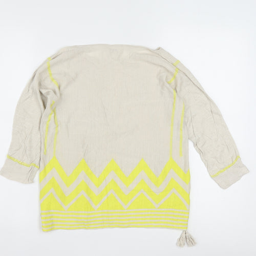Monsoon Women Beige Yellow Tunic Top S Linen Cotton 3/4 Sleeve Boho Style